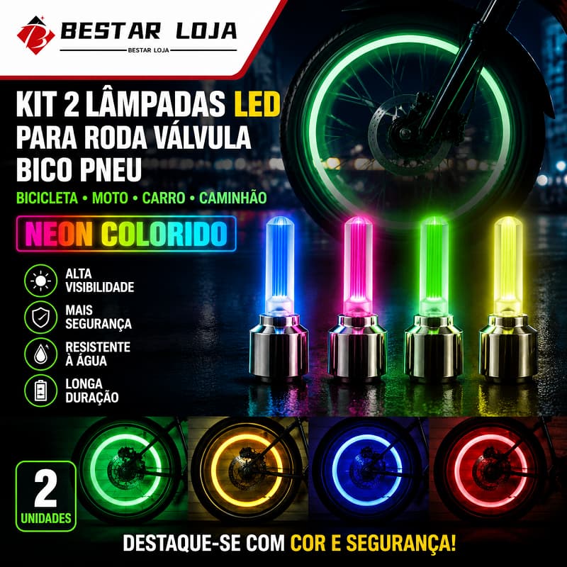 BESTAR LOJA Kit 2 Lâmpadas Led Para Roda Válvula Bico Pneu Bicicleta Moto Carro Caminhão Neon Colorido