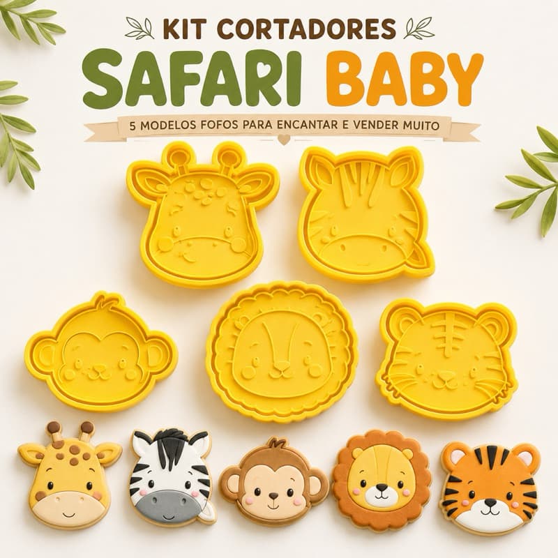 Kit Cortadores Safari Baby para Biscoito Decorado com Carimbo Girafa Zebra Leão Tigre Macaco bichinho cortador animal