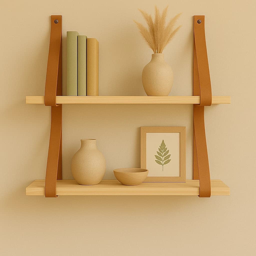Kit 2 Prateleiras de madeira com alças de couro para Decoração Casa Quarto sala Luxo em Promoção