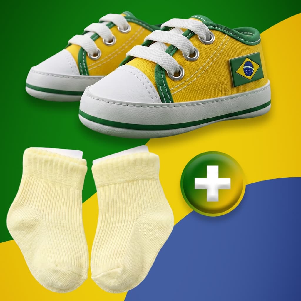 Kit Sapatinho Bebê Copa Do Mundo Tênis Recém Nascido Meia Menino Menina Infantil Patriota Brasil - PROMOÇÃO