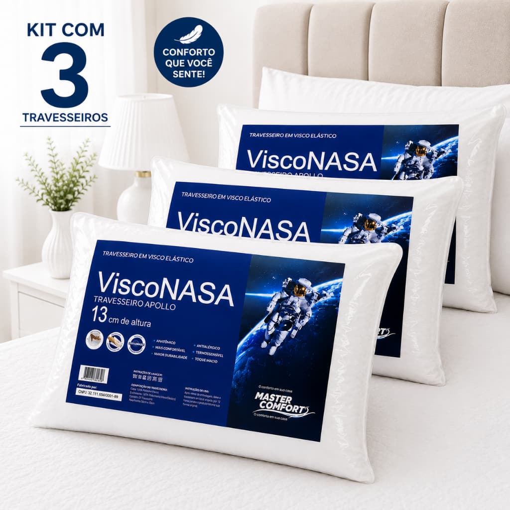 KIT TRAVESSEIROS VISCONASA 13 cm ALTURA VISCOELASTICO ORIGINAL ANTIALERGICO MACIO COMFORTAVEL NASA ESPUMA MEMORAVEL