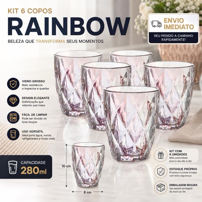 Kit Jogo 6 Copos Diamond Furta Cor Vidro Rainbow 280ml Resistente Reforçado Para Bebidas