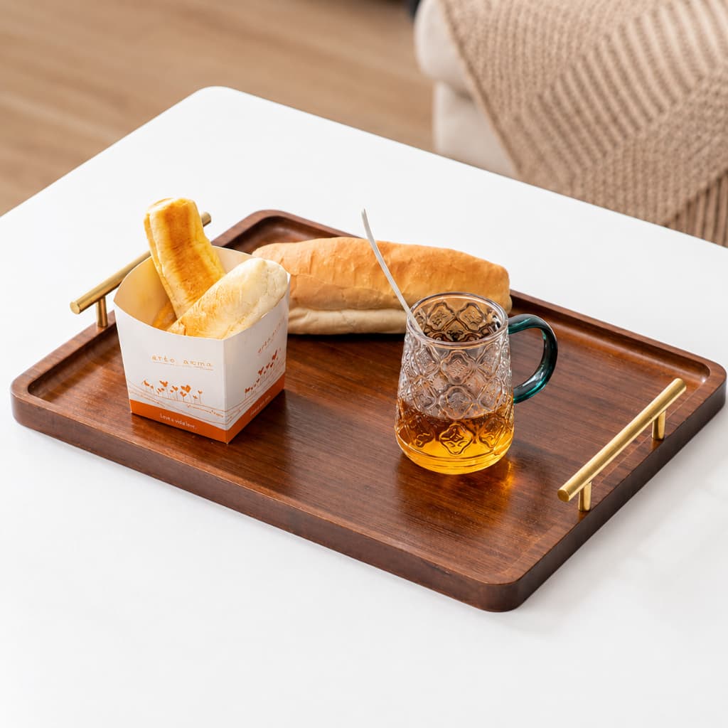 Bandeja De Madeira Com Alça De Metal Luxo Premium Servir Café Chá Decoração Mesa Sala