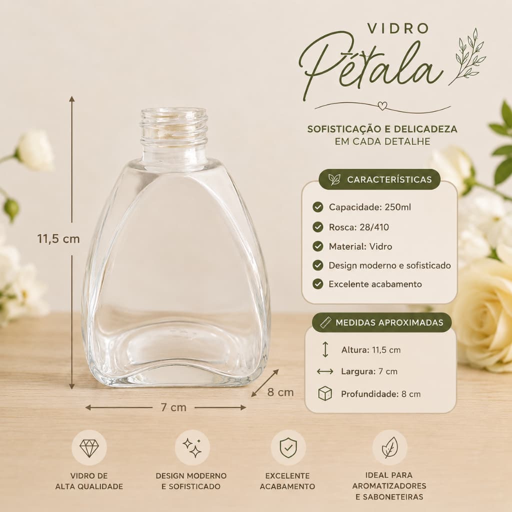 Frasco Vidro Pétala Premium 250ML Aromatizador Difusor Saboneteira Home Spray Decoração Lavabo Aroma