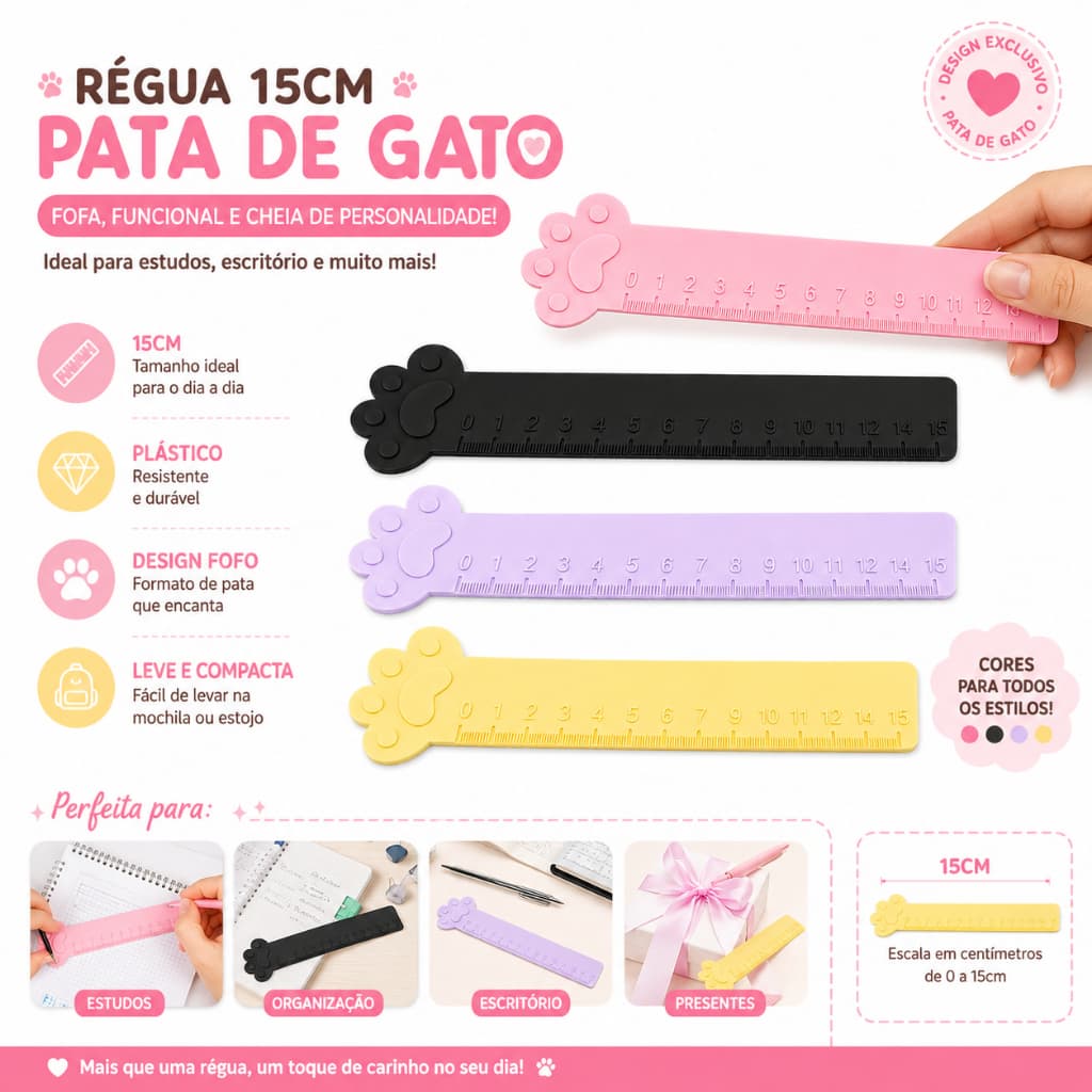 Régua Escolar 15cm Pata de Gato Kawaii Plástico Resistente Material Escolar Fofo