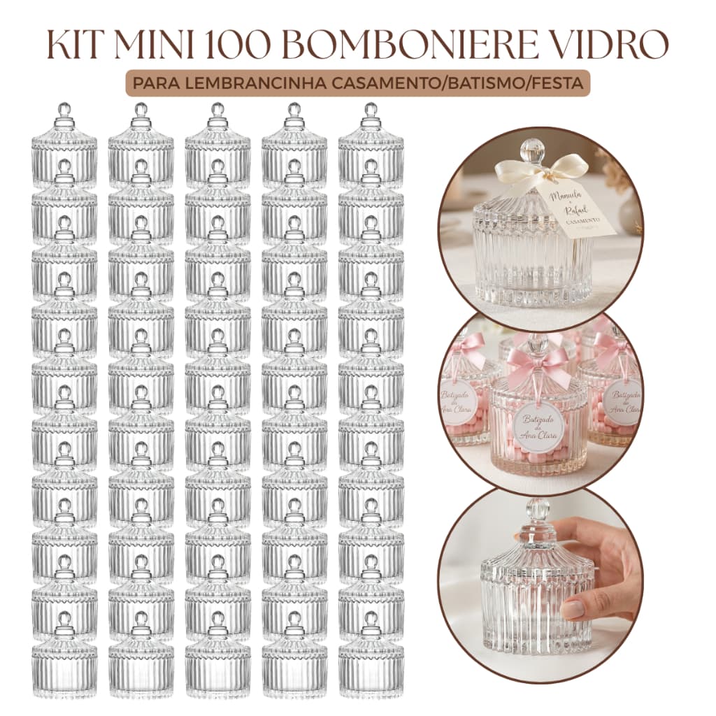 Kit 100 Mini Bomboniere para Lembrancinha de Casamento Potiche de Vidro Lembrancinhas Chá de Bebê