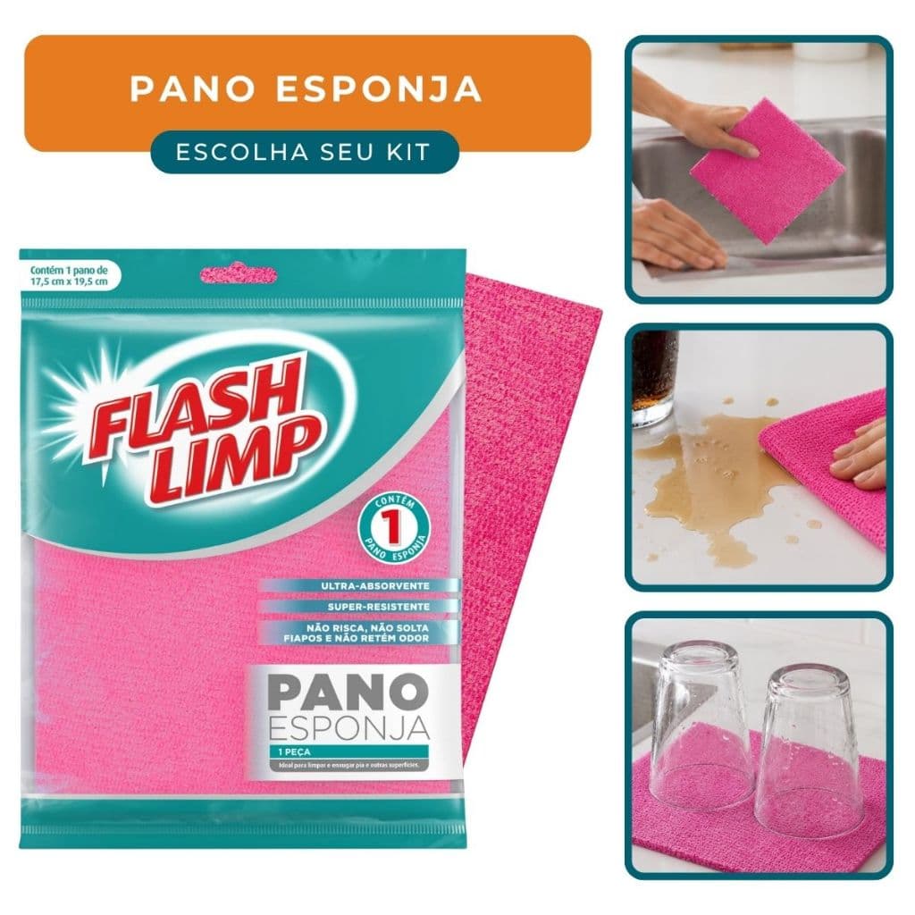 Pano Esponja Flash Limp Limpa Enxuga Reutilizavel Lavavel Cozinha Banheiro Limpeza