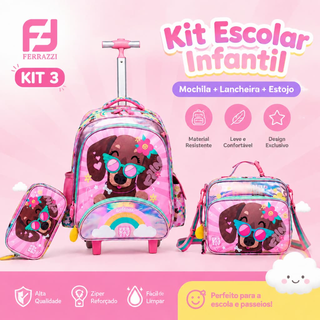 Ferrazzi Kit Mochila Escolar Infantil com Rodinha 3 em 1 Lancheira Estojo Cachorro Rosa para Meninas