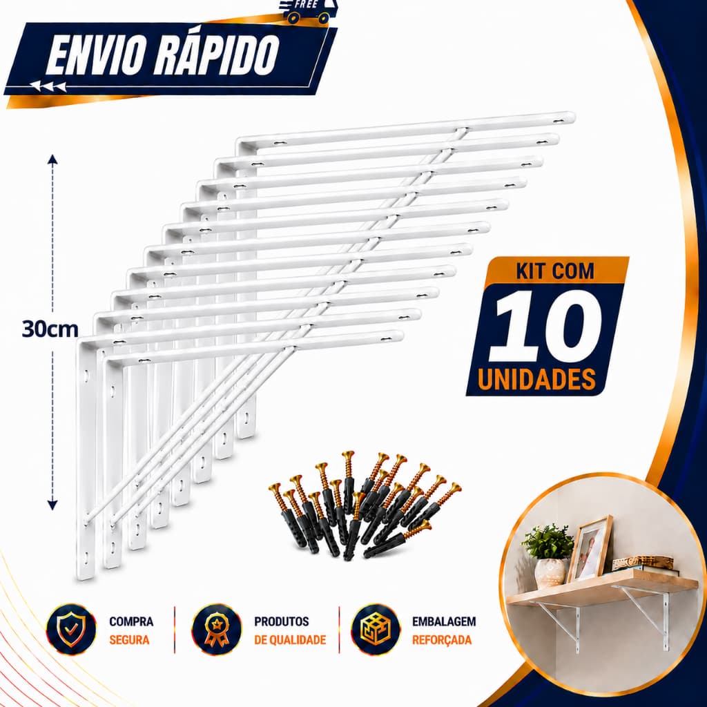 Kit 10 Suporte Mão Francesa Prateleira 30cm Branco WRD GiroToy + parafuso + bucha