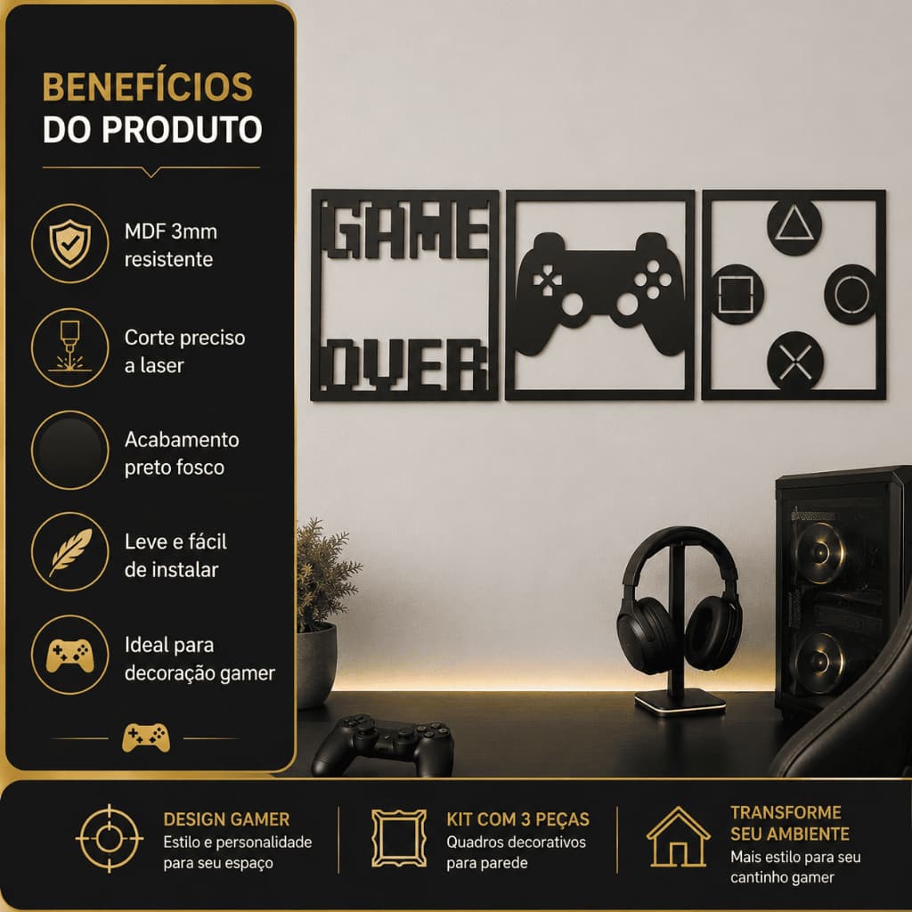 Kit 3 Quadros Decorativos Gamer MDF Preto 3mm Game Over Controle Parede Quarto Sala
