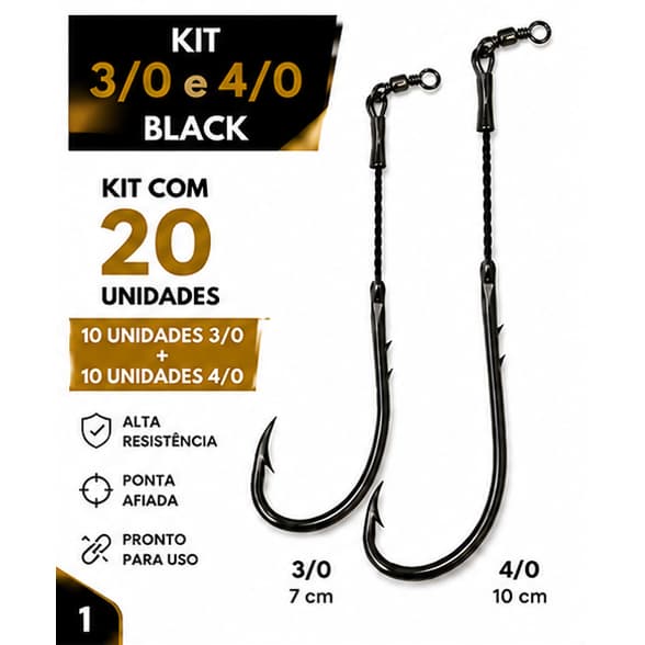 Kit Anzol Black 3/0 e 4/0 com 20 Unidades Pesca Forte Pacu Tambaqui Traíra