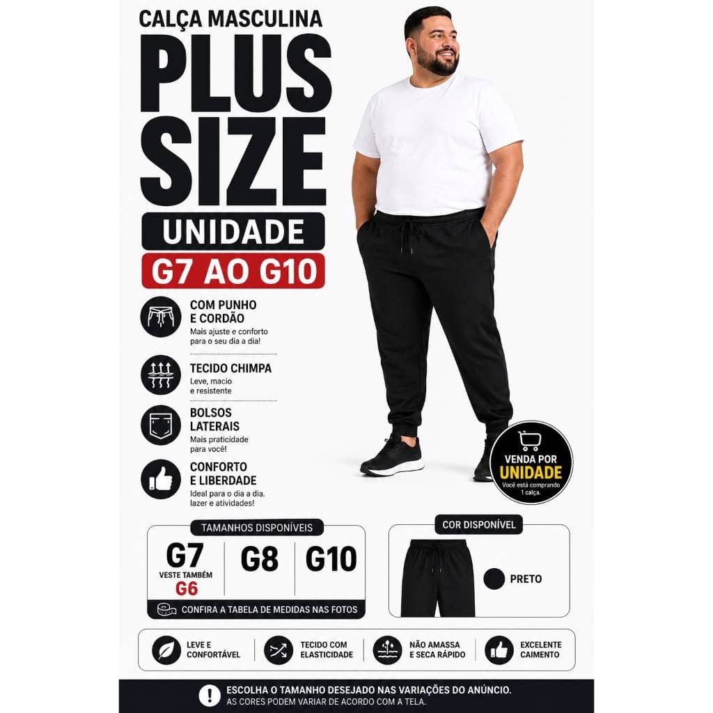 Calça Masculina Plus Size Preta G7 ao G10 Com Cordão