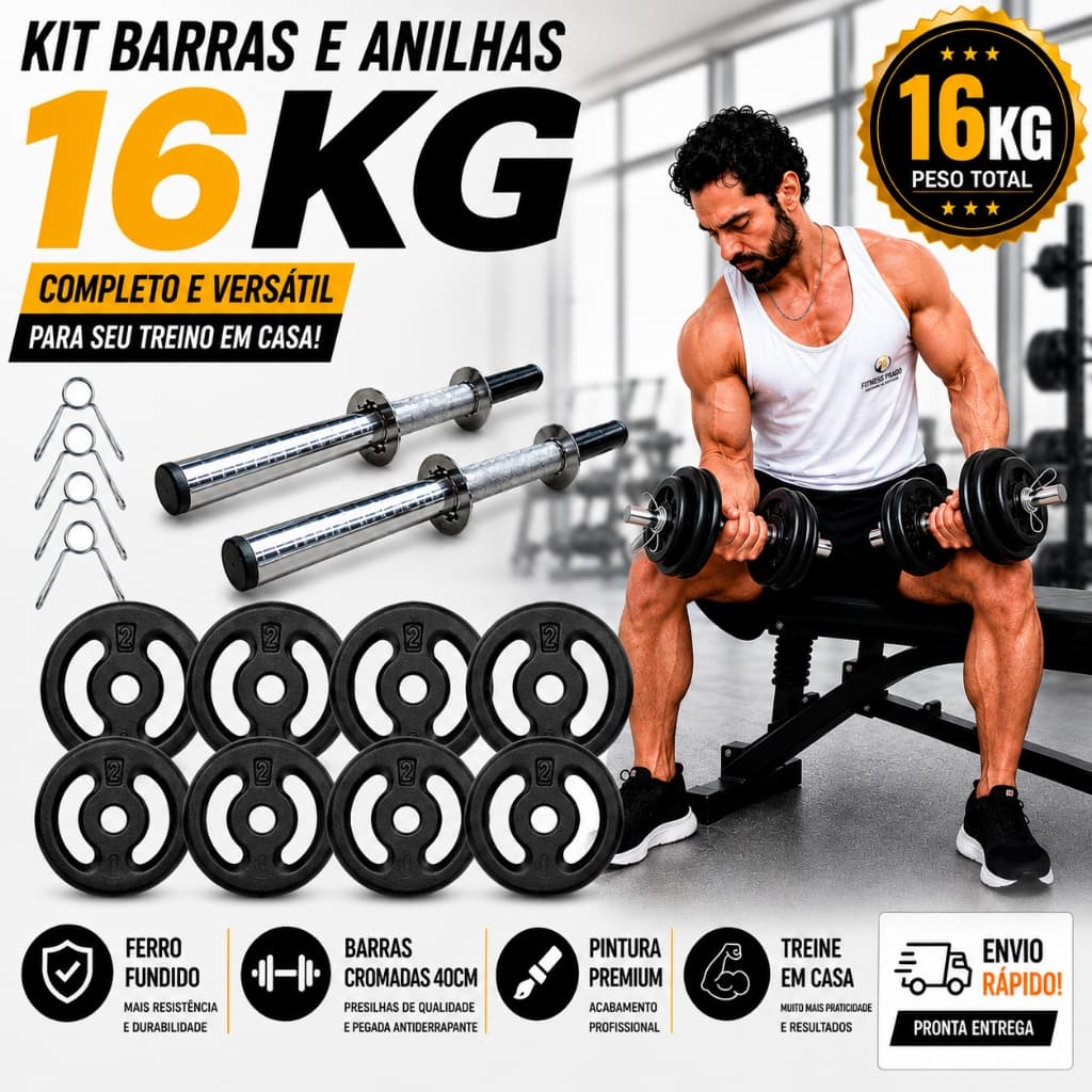 2 Barras de 40cm Oca CROMADA + 16kg de Anilhas Halteres para Musculação - FITNESS PRADO