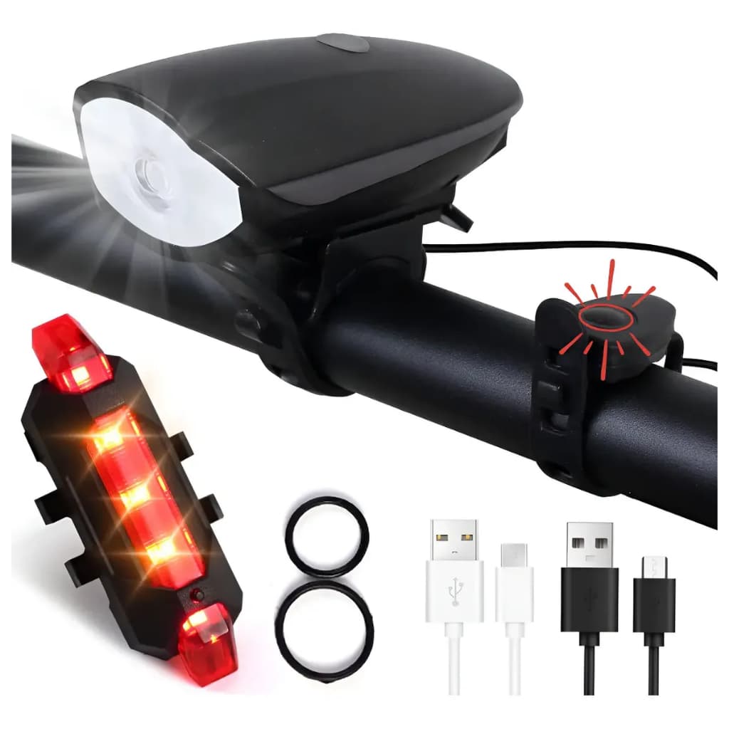 Kit Farol LED Recarregável Com Buzina + Lanterna Traseira Bike USB