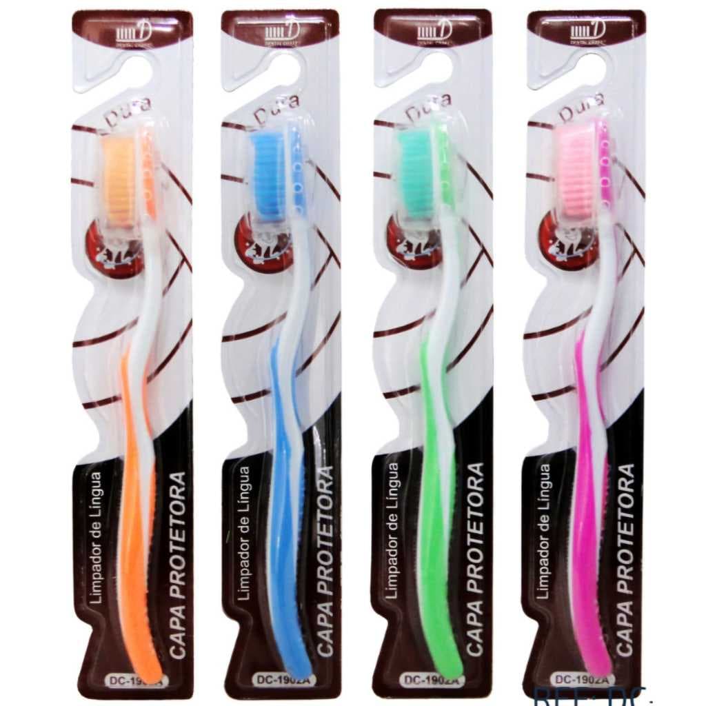 Kit 4 Escova Dental Dura Adulto  com Capa Protetora e Limpador de Língua.