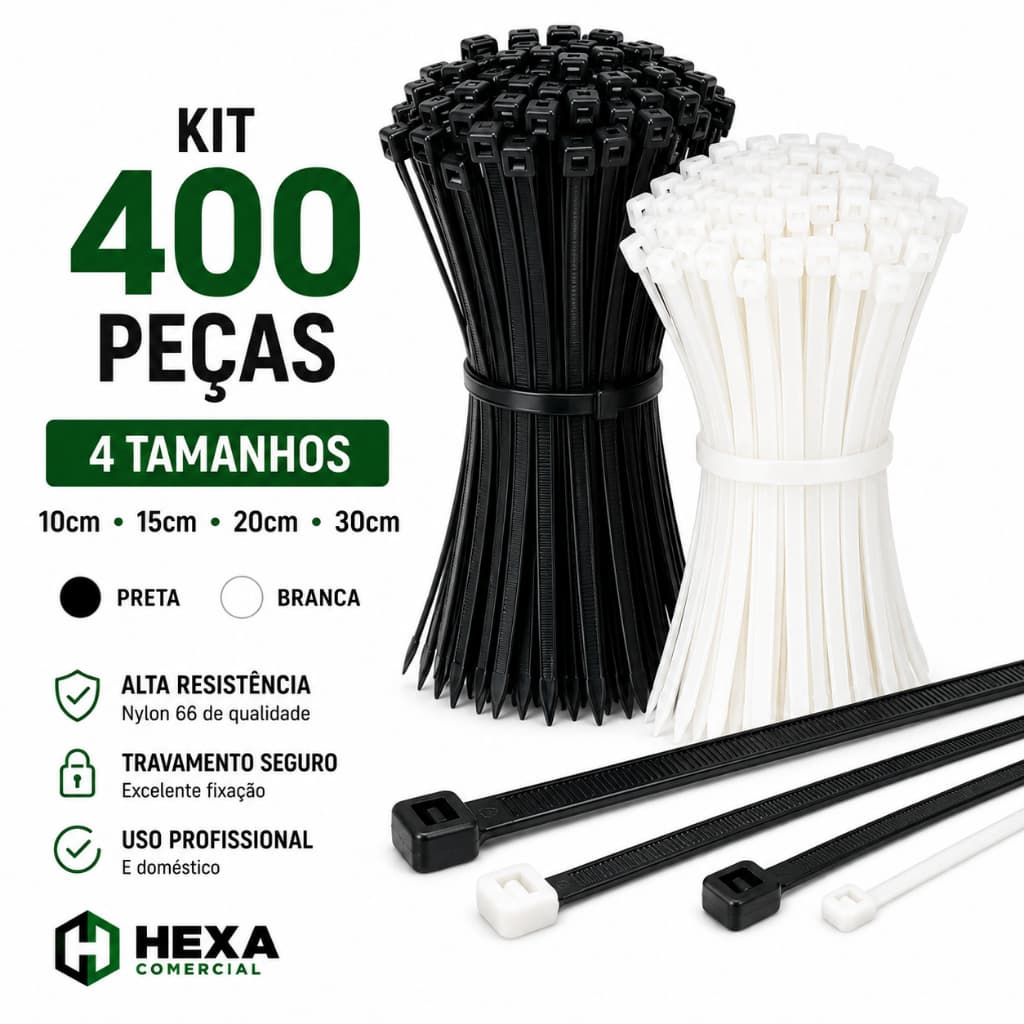 Kit 400 Abraçadeira de Nylon Enforca Gato Braçadeira Cintas Plásticas 10cm-15cm-20cm-30cm-Preta|Bran