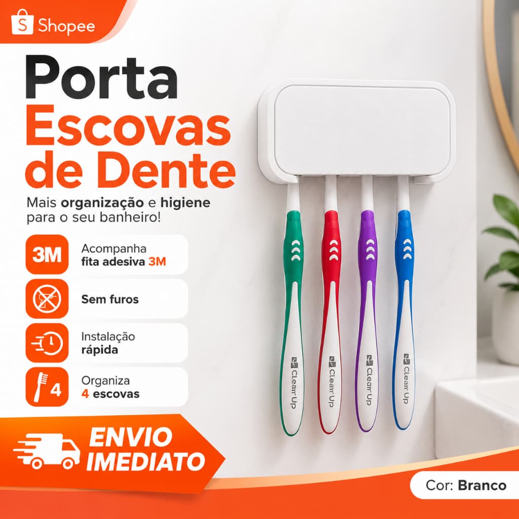 Suporte Porta Escovas De Dente 4 Lugares Organizador Banheiro Parede Sem Furar