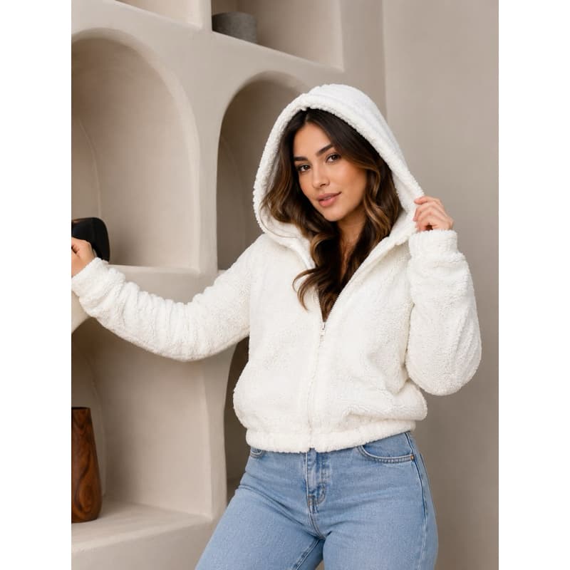 CASAQUINHO DE PELINHOS COM CAPUZ SHERPA/TEDDY/CARNEIRINHO TENDÊNCIA MODA BRASIL Feminino