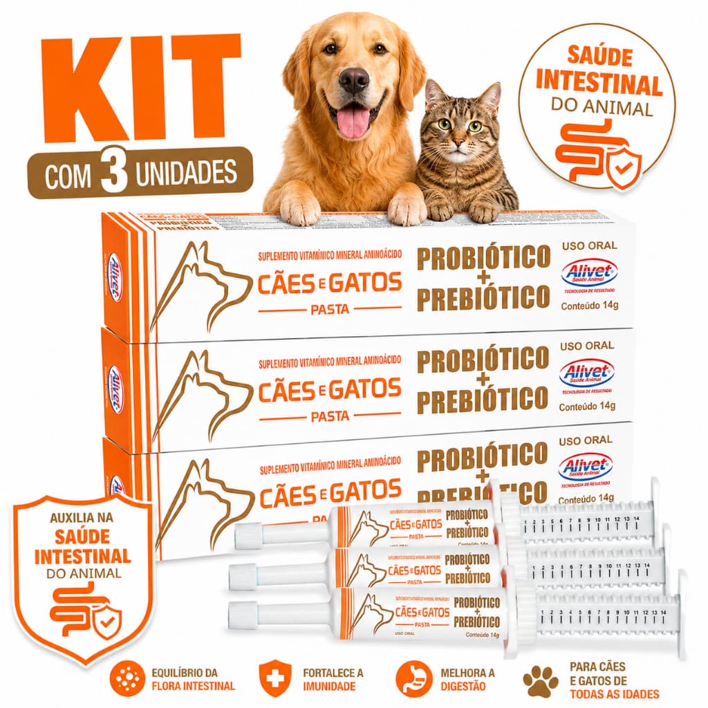 Kit 3 Probiótico Prebiótico Cães e Gatos Diarréia Saude Intestinal Intestino