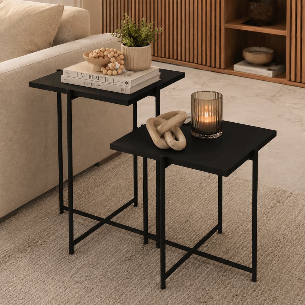 Kit Conjunto Duas Mesinhas Quadradas Articulada Desmontável Dobrável de Canto Apoio Centro Decoração Sala Mesas Lateral