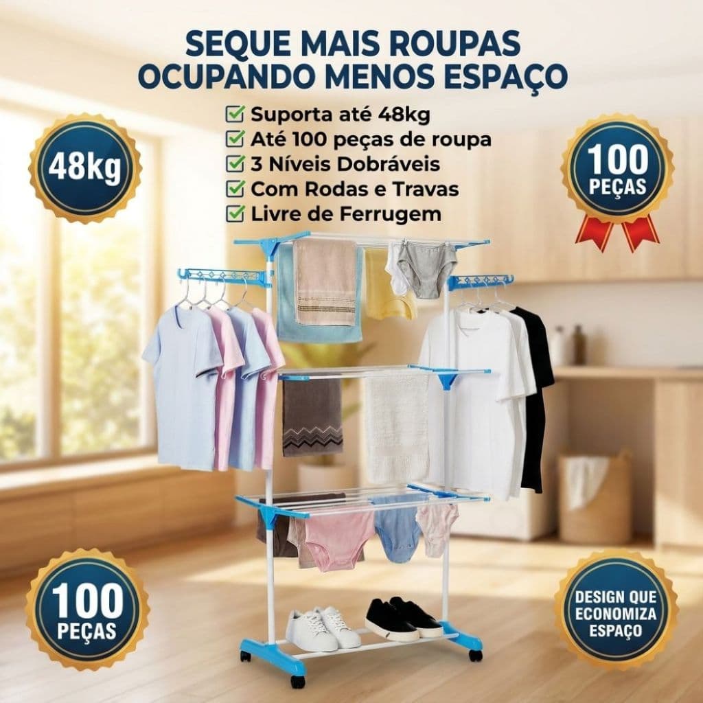 Varal Dobrável De Chão Com 3 Andares Organizador Com Bandejas Cabideiro Azul Preto Cinza Prático