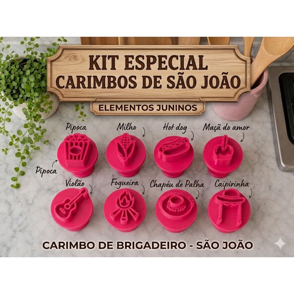 Kit Carimbo para Doces Festa Junina São João Modelador de Brigadeiro Gourmet Pipoca Fogueira Milho