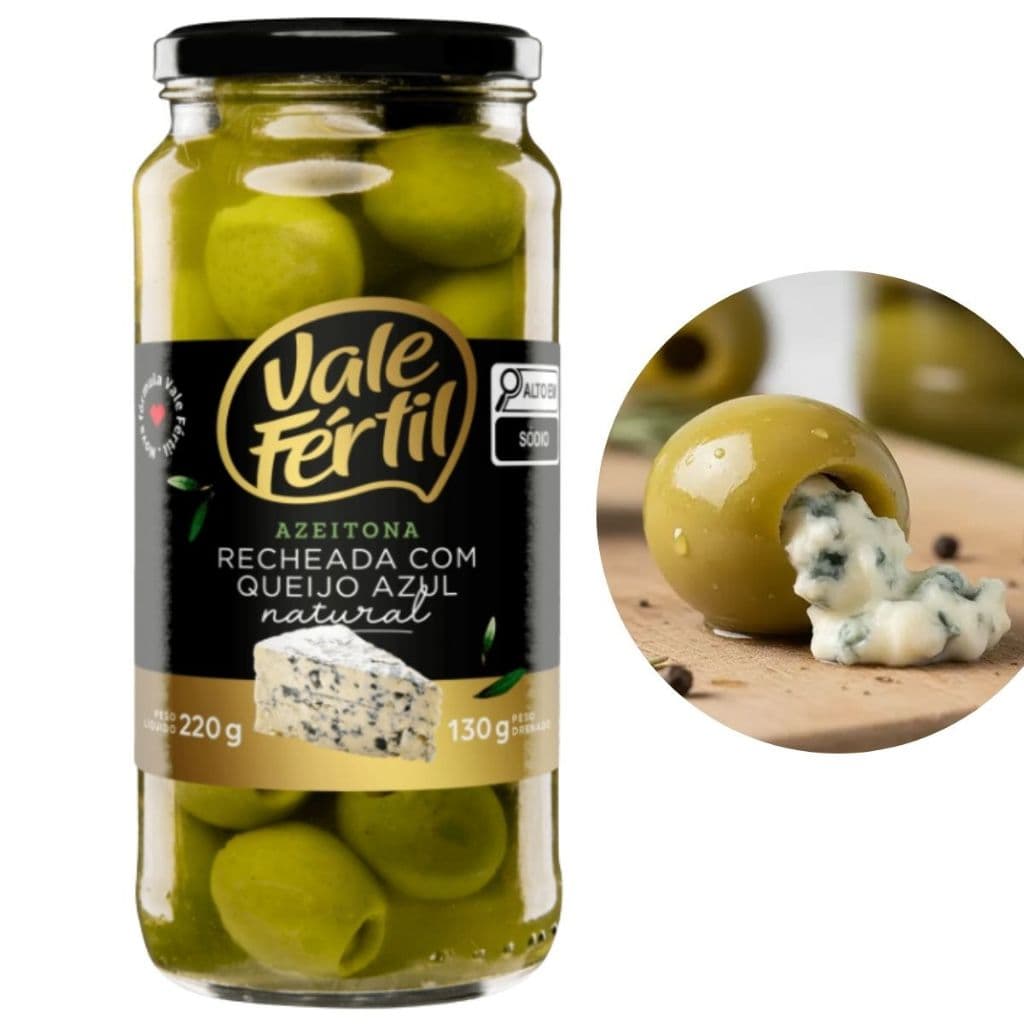 Azeitonas Verdes Rech C/ Queijo Azul Em Conserva Azeitona Vale Fértil 130g