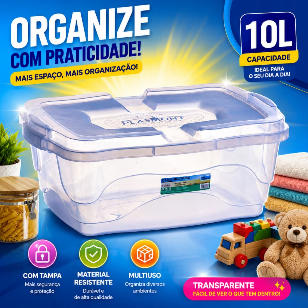 Kit Caixas Organizadoras 10L Com Tampa Transparente Grande Plástico Brinquedos Roupas Livros Sapatos