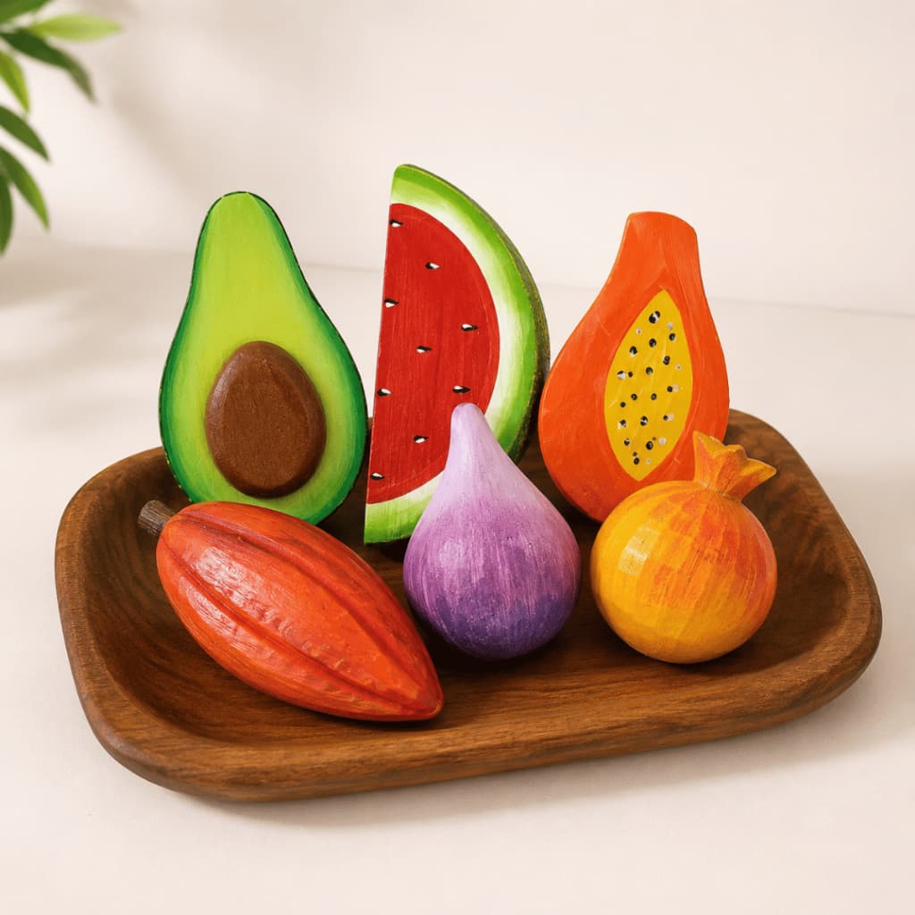 Kit 6 Frutas Entalhadas Em Madeira Fatias e Coloridas Artesanato Decorativo Para Fruteira