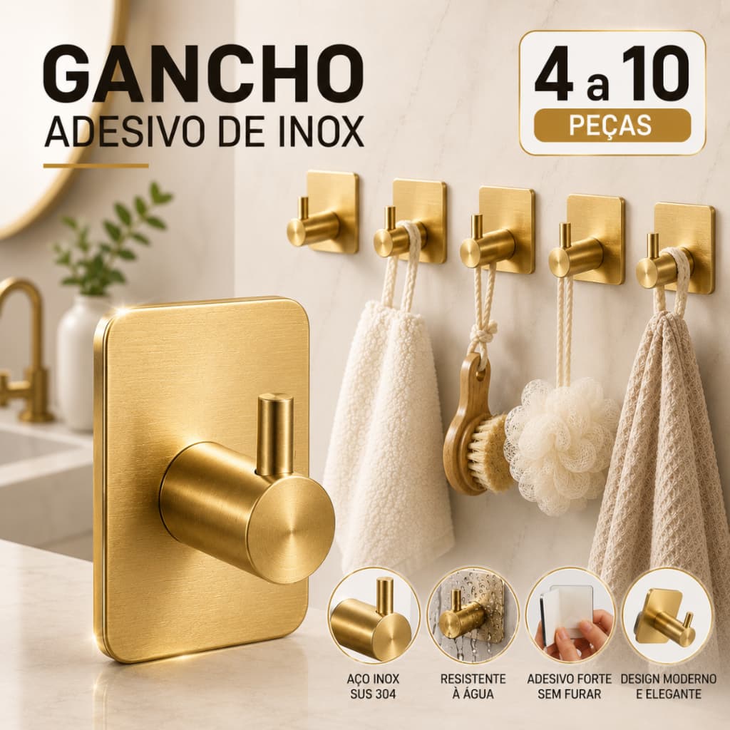 Kit 2 Gancho de parede Inox, Gancho Adesivo, cozinha, quarto, banheiro Alta Fixação, Suporte parede