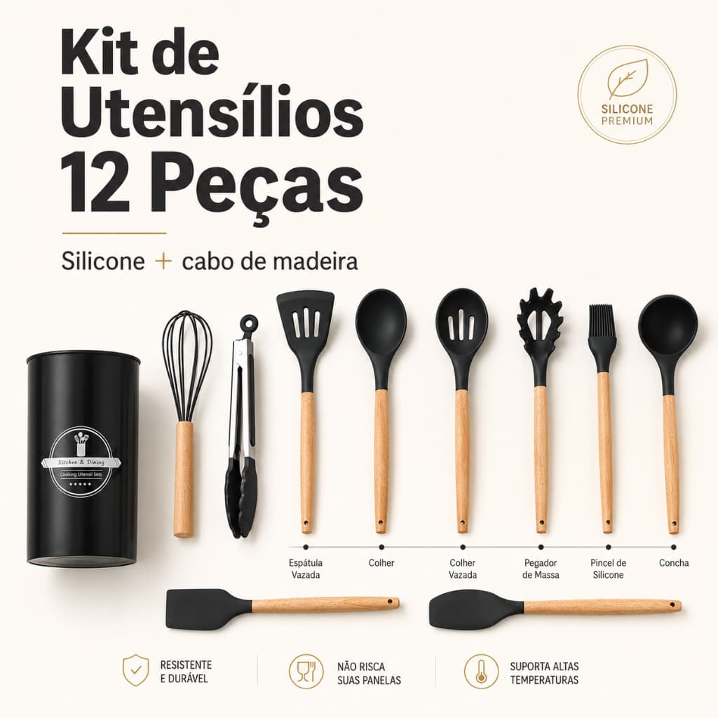Kit12 Completo de Utensílios de Silicone para Cozinha - Antiaderente e Resistente ao Calor, kit de utensílios de cozinha