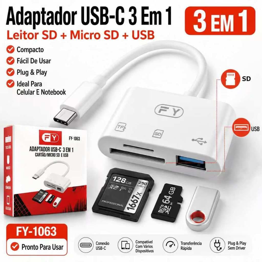 Adaptador USB-C 3 Em 1 Leitor De Cartão SD Micro SD Com USB