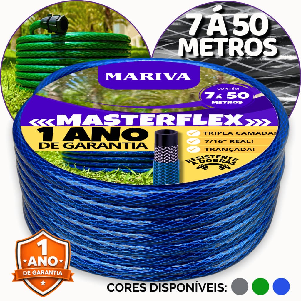 Kit Mangueira de Jardim Trançada com Esguicho, Conector, 7m à 50m, 7/16, Trançada, Tripla Camada