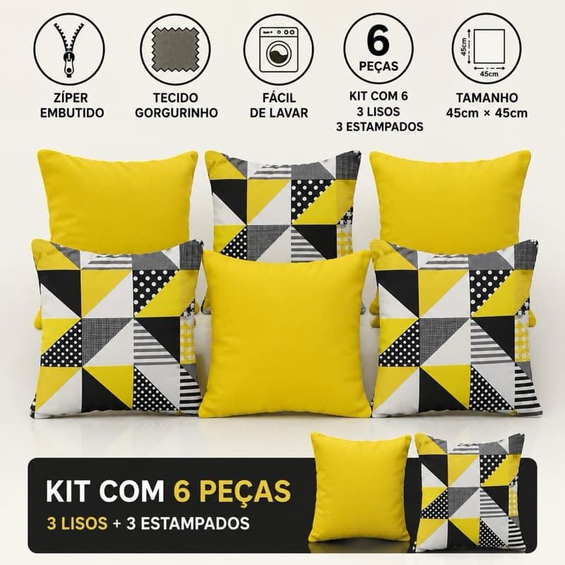 Kit 6 Capas de Almofada Premium em Gorgurinho – Zíper Embutido e Fácil de Lavar