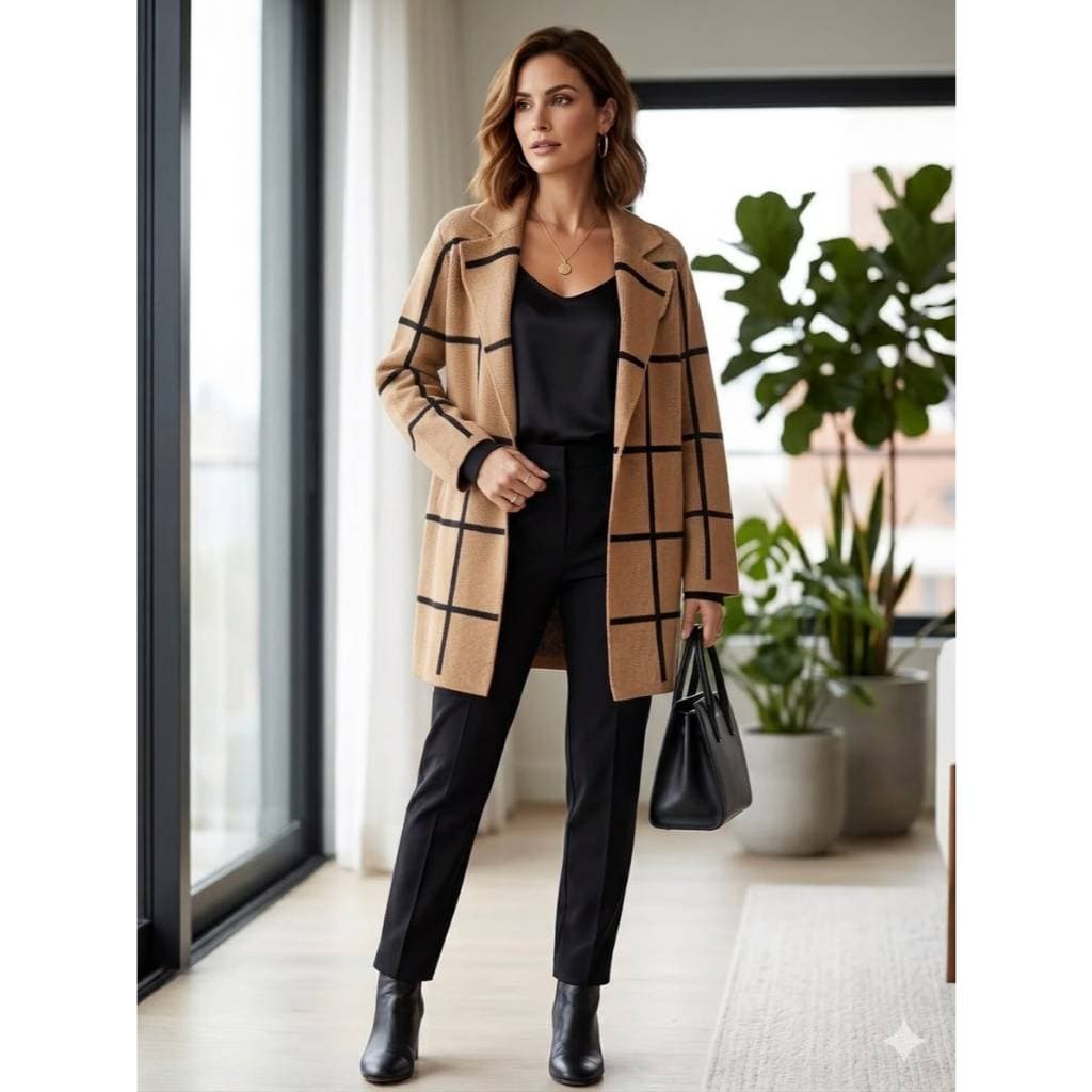Cardigan Feminino Tricô Xadrez Alongado Aberto Manga Longa de Inverno