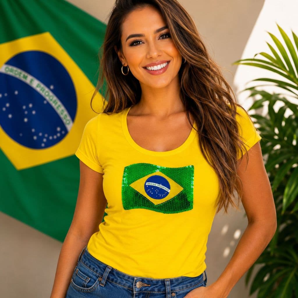 Camiseta Do Brasil Copa Blusa Feminina Baby Look Com Paetê