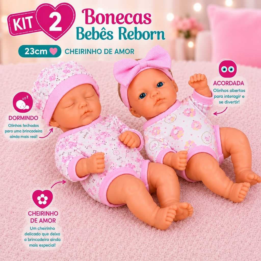 Kit 2 Bonecas Bebês Reborn 23cm Cheirinho de Amor Dormindo e Acordada - Milk