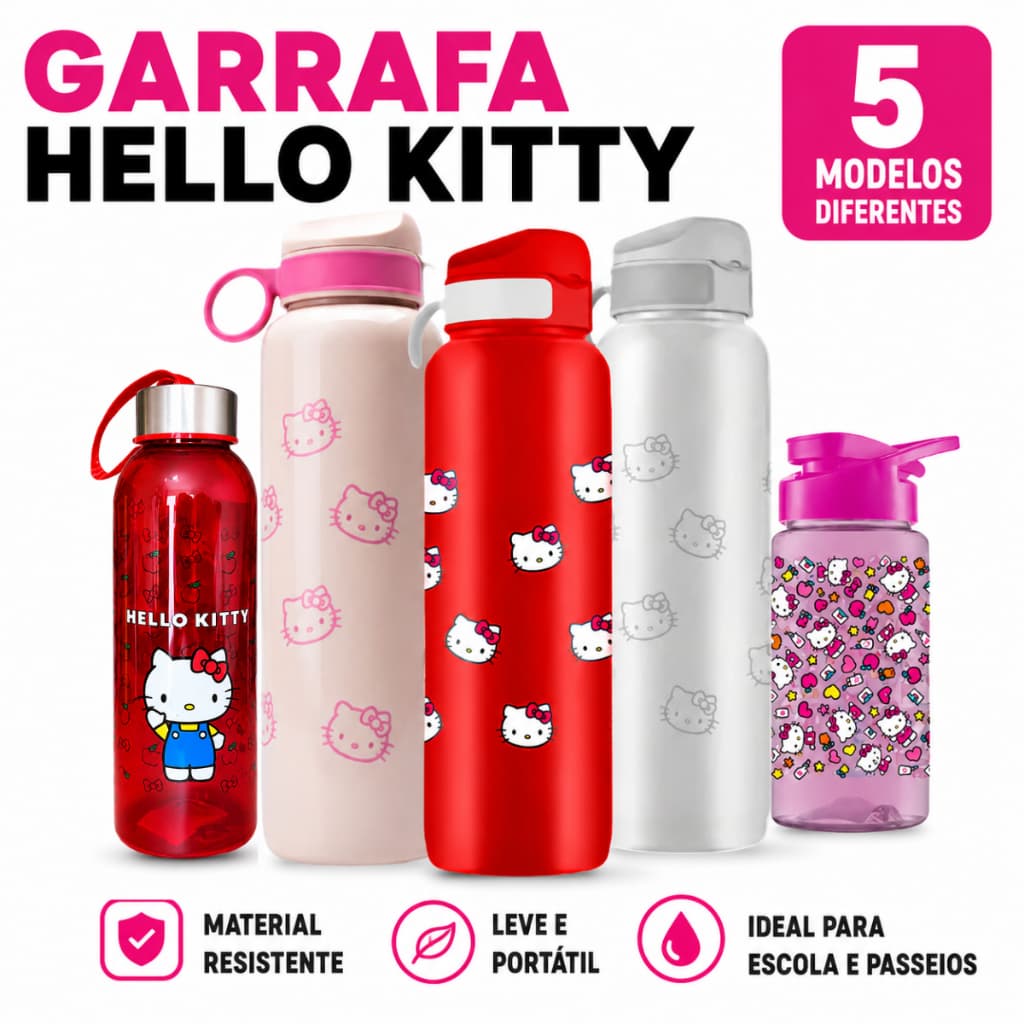 Garrafa De água Plástico Hello Kitty Livre de BPA Infantil Escolar Durável