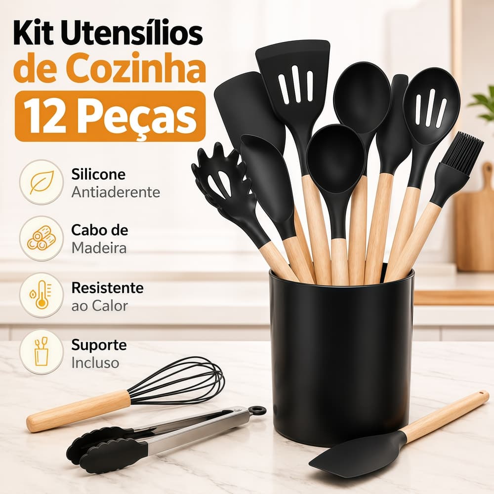 Kit 12 Peças Utensílios de Cozinha em Silicone c/ Copo Suporte Resistente suporta altas temperaturas