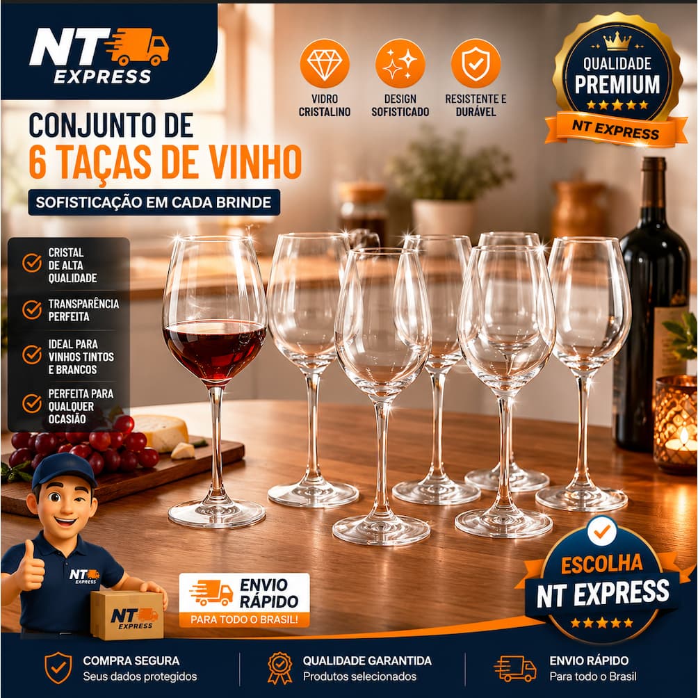 Jogo 6 Taças de Vinho Cristal Vidro Transparente Premium Elegantes Para Vinho 440ml 615ml