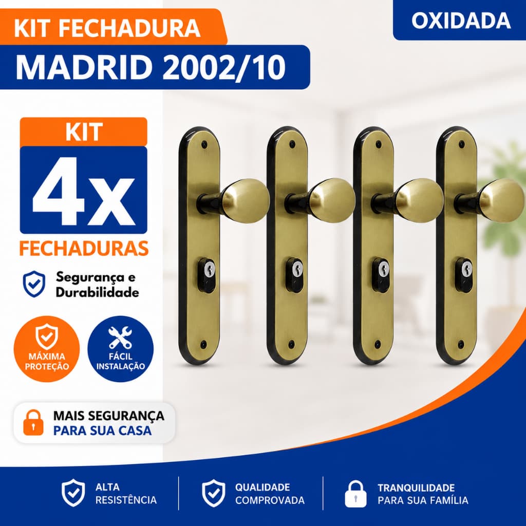 Kit com 4 Fechaduras Hela Madrid 2002/10 Linha Oxidada (LO) Externa Interna Banheiro