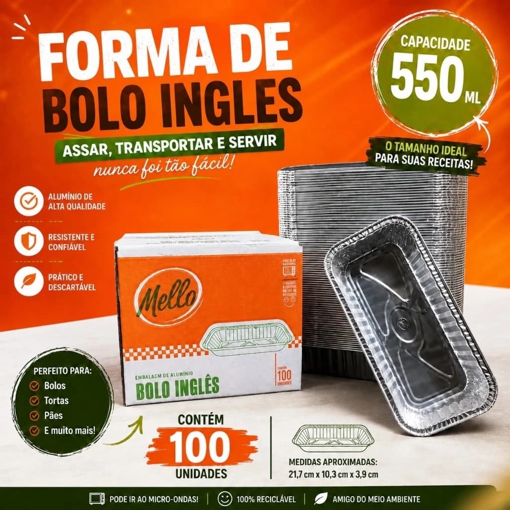 Forma Bandeja Assadeira Alumínio de Bolo Inglês SEM Tampa 550 ml Mello 100 Un