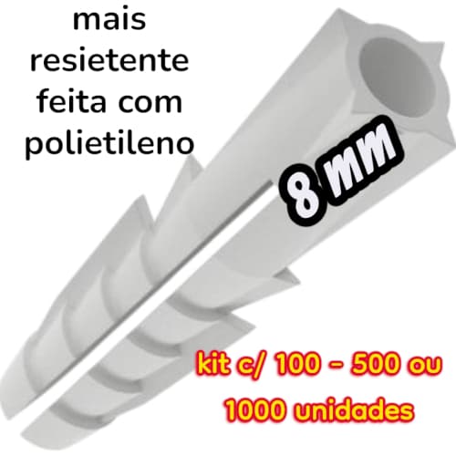 Kit 100 - 500 ou 1000 bucha plastica 8mm parede em polietileno resistente sem anel / sem parafuso
