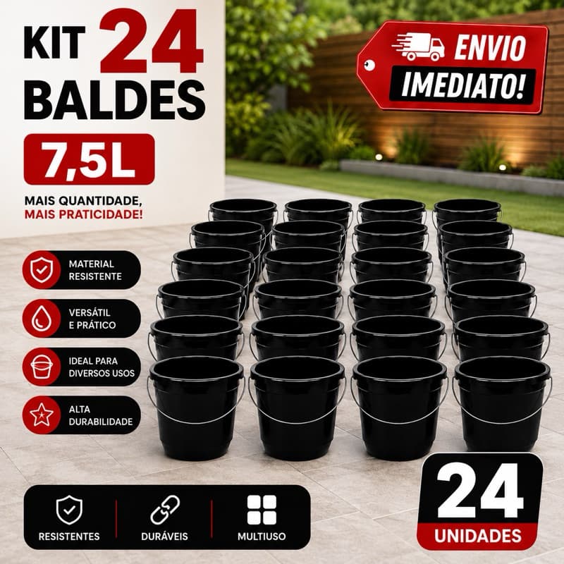 Kit 12 ou 24 Baldes 7,5 Litros Premium Reforçado Limpeza Multiuso Uso Geral