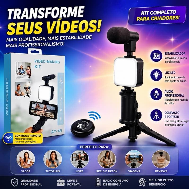 Tripé Estabilizador de Mão c/ LED, Microfone e Controle Bluetooth p/ Celular Gravação Vlog Live