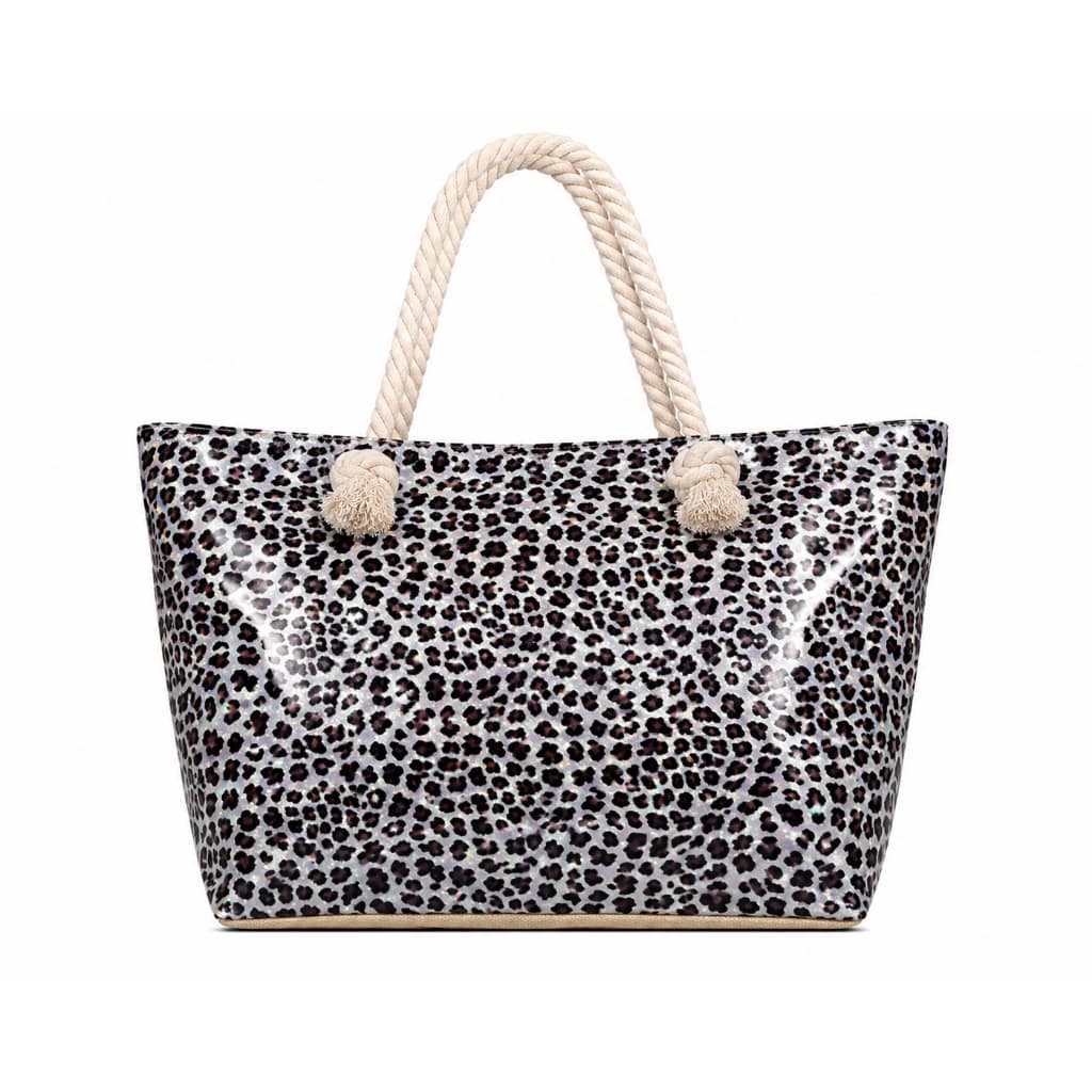 Bolsa Feminina Animal Print Bege com Alças de Corda e Fechamento por Zíper 50x35x15cm