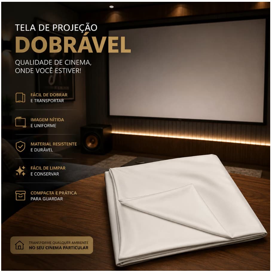 Tela de Projeção 5 Metros Tecido Dry Fit Reflexivo para Projetor Ultra HD 4K Anti Amassado Dobrável Pronta Entrega