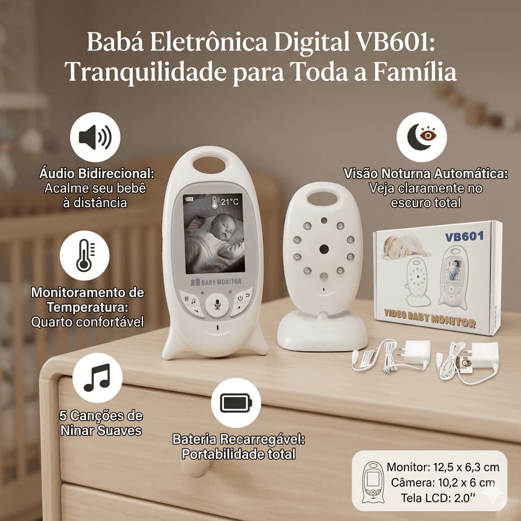 Babá Eletrônica Digital com Câmera Visão Noturna, Monitoramento de Temperatura e Áudio Bidirecional