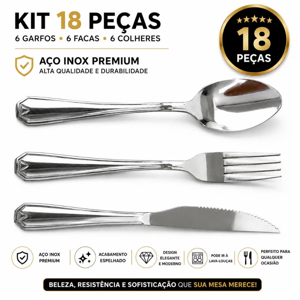 Jogo de Talheres Faqueiro Alta Qualidade 18 Peças Aço Inox Premium 6 Colheres 6 Garfos 6 Facas de Mesa Completo