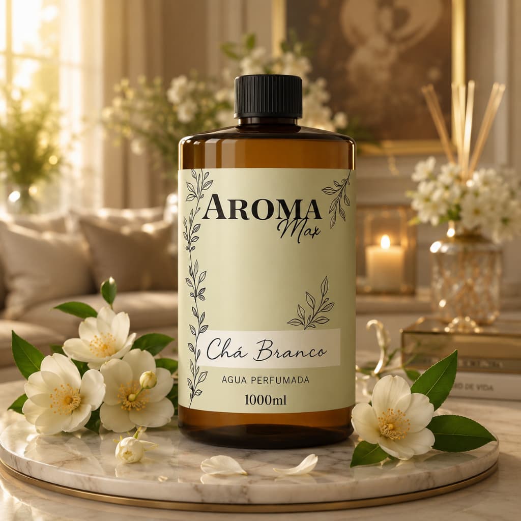 Água Perfumada 1L cha branco Aroma Max para Roupas, Lençóis e Ambientes com Borrifador